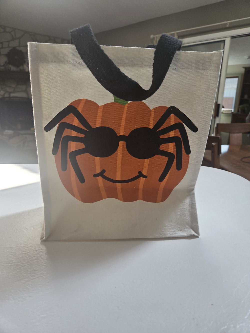 Kids Halloween Canvas Trick-or-Treat Bag - Orange Pumpkin w/Black Spider Glasses